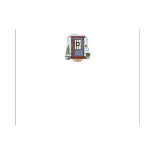 Illustrated wood door note card featuring a blue shiplap door with wreath, potted topiary, and a tin bucket of roses on a welcome mat, designed by Viola and Beatrice Stationers