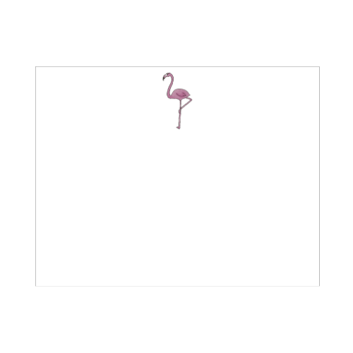 Illustrated pink flamingo note card with a graceful bird balanced on one leg on a clean white background, designed by Viola and Beatrice Stationers