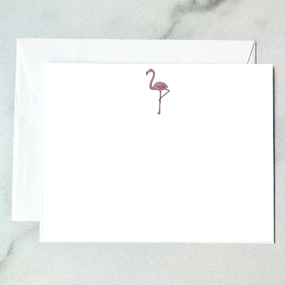 Illustrated pink flamingo note card with a graceful bird balanced on one leg on a clean white background, designed by Viola and Beatrice Stationers