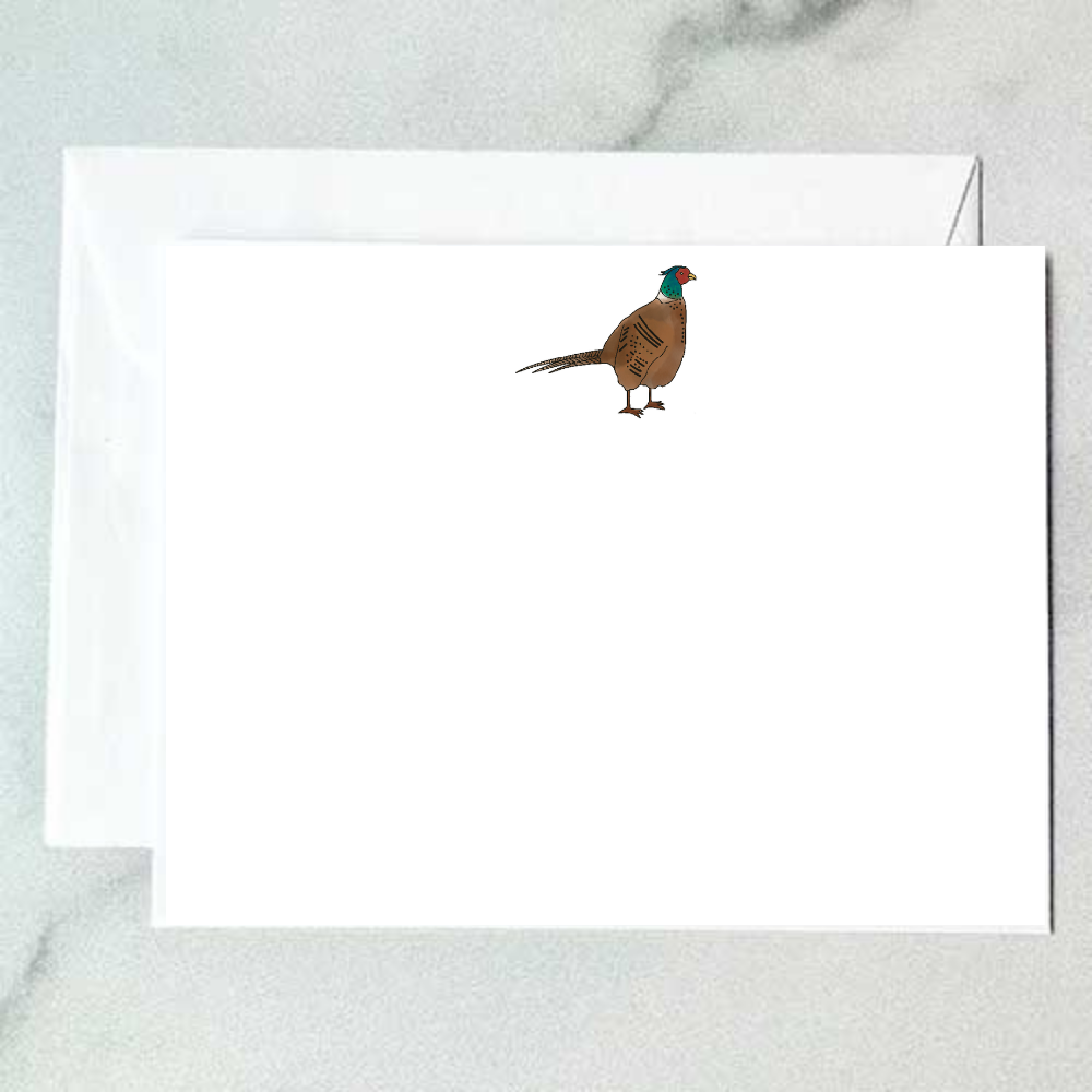 Illustrated ring-necked pheasant note card with tawny feathers, jewel-toned green head, and a long swept tail on a clean white background, designed by Viola and Beatrice Stationers