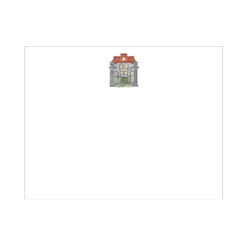 Illustrated Spanish gate note card featuring ornate iron scrollwork, stone columns, and a terracotta-roofed manor with glowing windows, designed by Viola and Beatrice Stationers