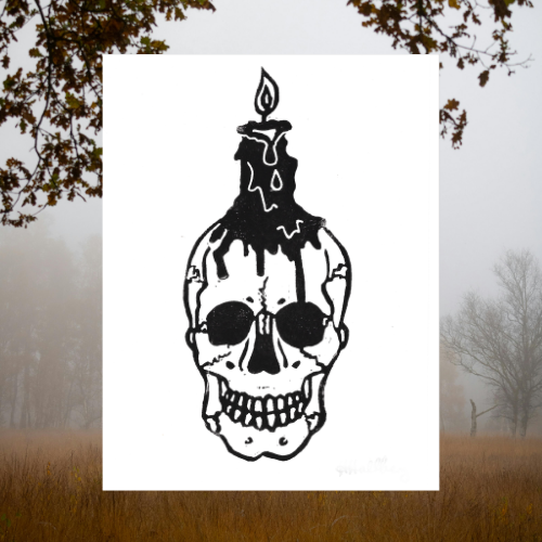 Viola & Beatrice x Nacre Sanctum Art skull and candle post card on background