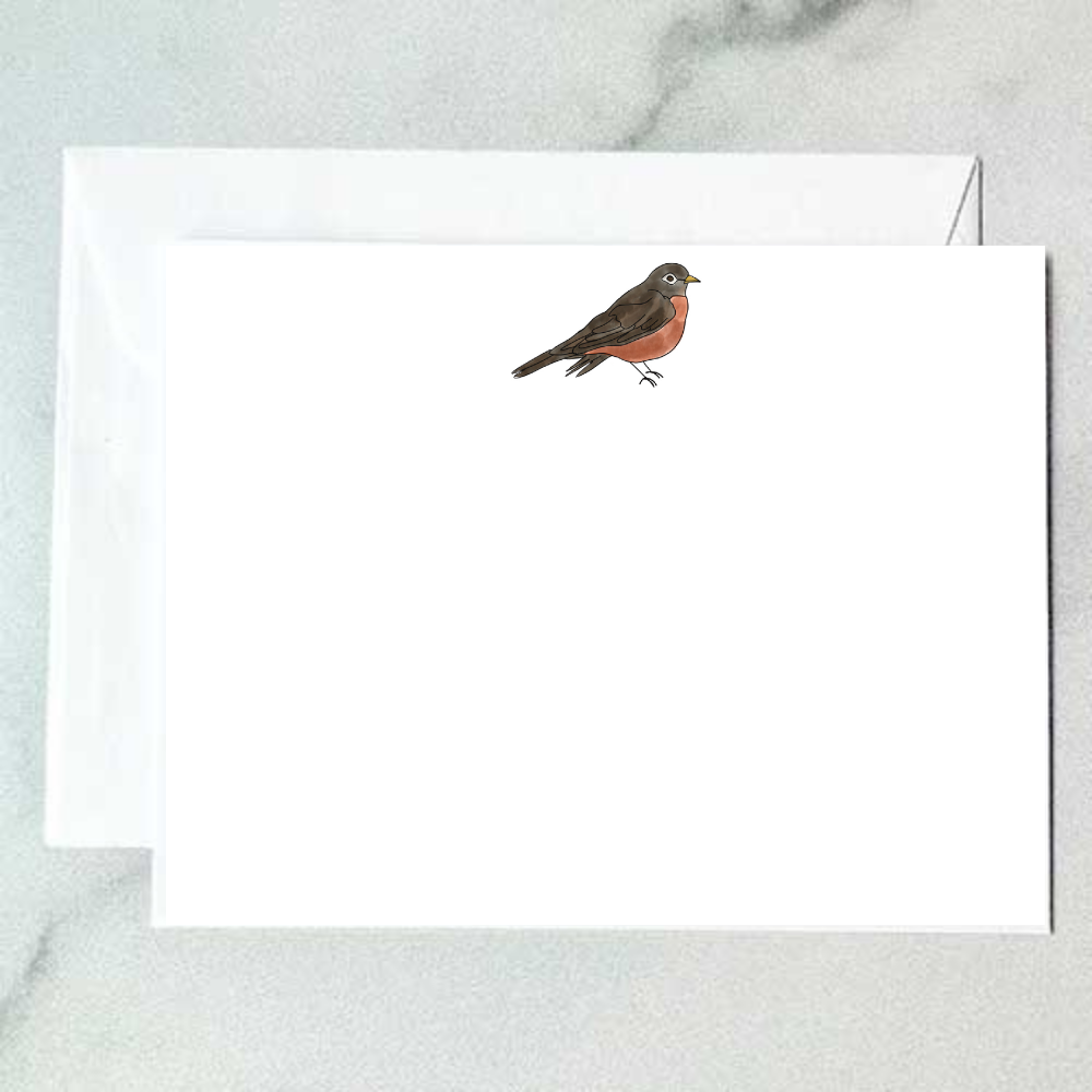 Illustrated American robin note card with a plump dark-winged bird, warm rust-red breast, and yellow beak standing on a clean white background, designed by Viola and Beatrice Stationers