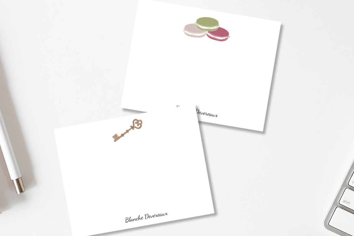 antique key and macaron personalized note cards designed by viola and beatrice stationers