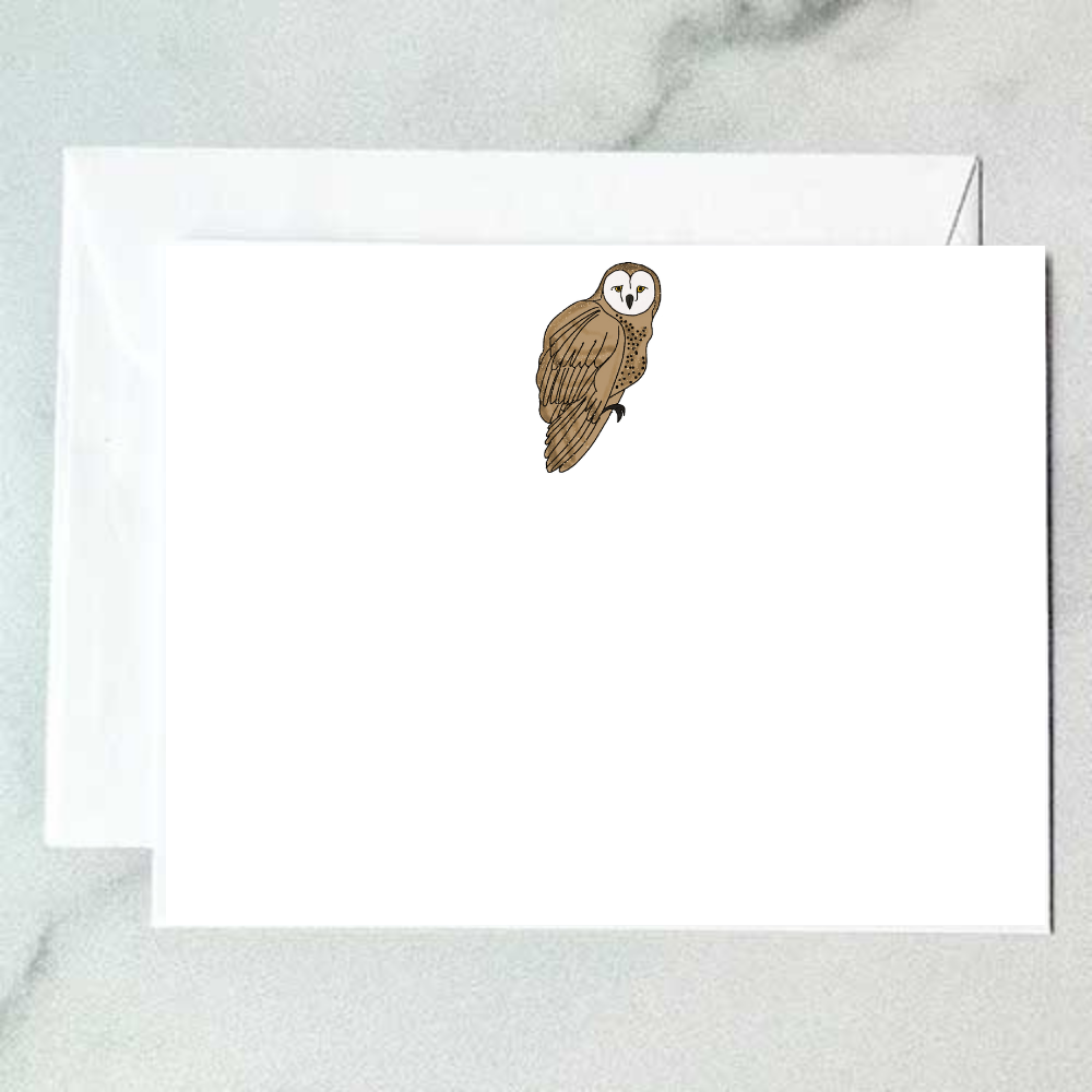 Illustrated barn owl note card with a tawny brown owl in a perched three-quarter pose, heart-shaped white face and golden eyes on a clean white background, designed by Viola and Beatrice Stationers
