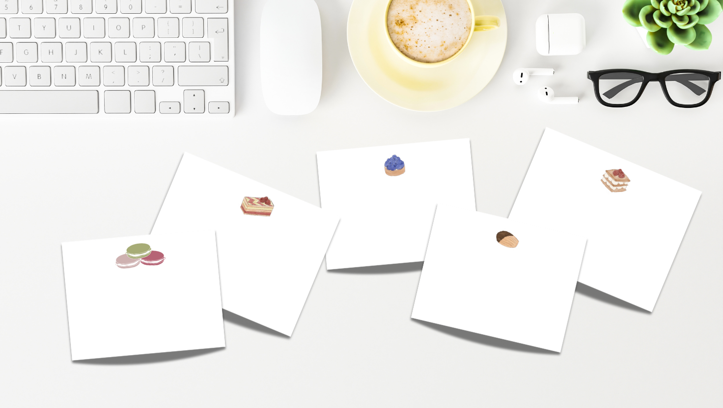note cards with dessert illustrations on them designed by Viola and Beatrice Stationers