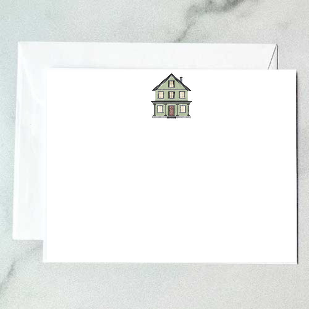 Illustrated sage green column house note card with two-story home, front porch columns, and warm glowing windows, designed by Viola and Beatrice Stationers