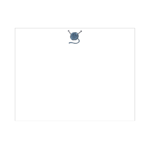 Illustrated yarn ball note card with a blue skein of yarn and two crossed knitting needles on a clean white background, designed by Viola and Beatrice Stationers