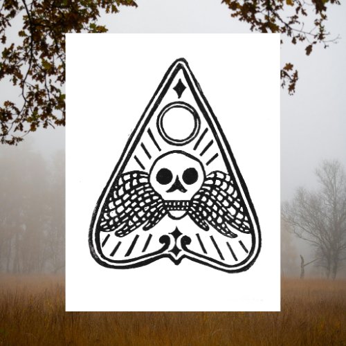 Viola & Beatrice x Nacre Sanctum Art planchette post card on background