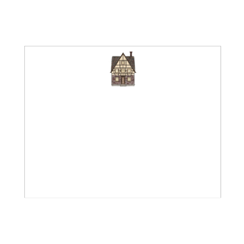 Illustrated Tudor house note card with half-timbered facade, steep slate roof, brick base, and warm window light, designed by Viola and Beatrice Stationers