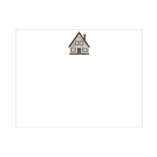 Illustrated A-frame house note card with steep roofline, brick chimney, and warm window glow, designed by Viola and Beatrice Stationers