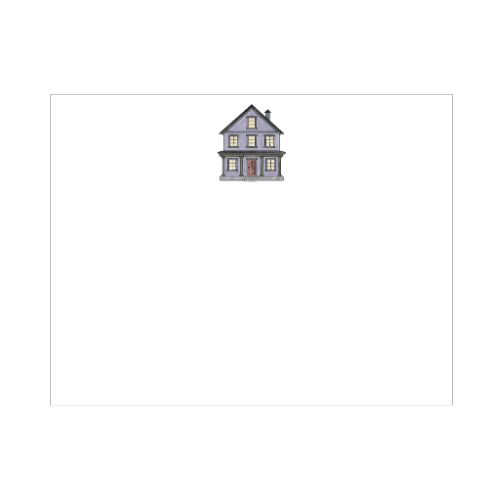 Illustrated blue column house note card featuring a lavender two-story home with columned porch and warm glowing windows, designed by Viola and Beatrice Stationers