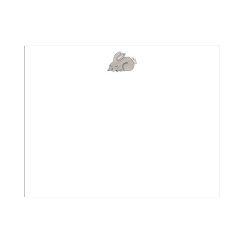 Illustrated gray bunny note card with a sleeping curled rabbit and soft pink ears on a clean white background, designed by Viola and Beatrice Stationers