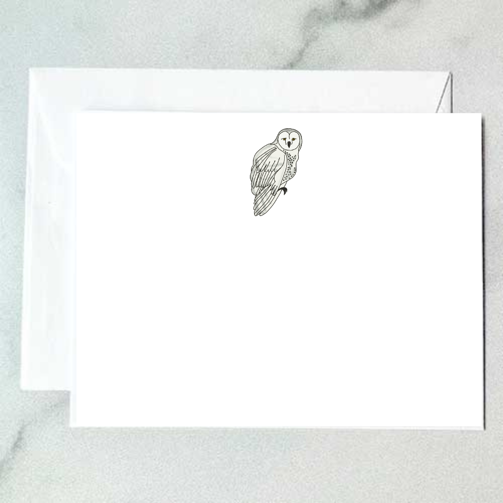 Illustrated snowy owl note card with a pale white barn owl perched in a three-quarter pose with golden eyes and speckled feathers, designed by Viola and Beatrice Stationers