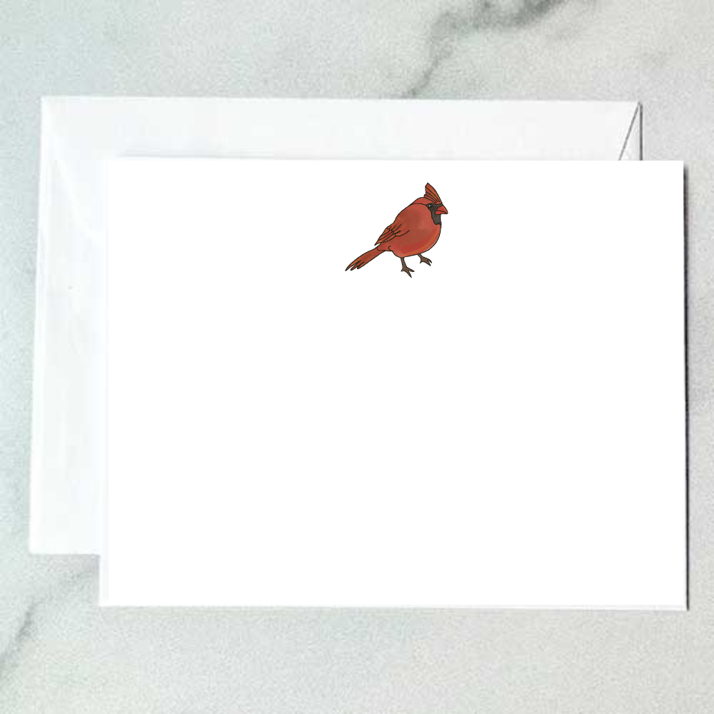 Illustrated red cardinal note card with a bold crimson bird in mid-step on a clean white background, designed by Viola and Beatrice Stationers