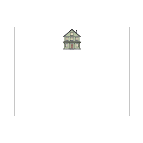 Illustrated sage green column house note card with two-story home, front porch columns, and warm glowing windows, designed by Viola and Beatrice Stationers