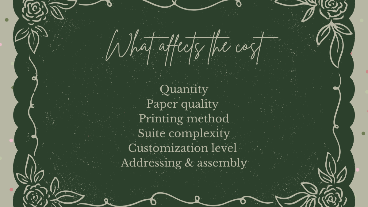 What affects the cost: quantity, paper quality, printing method, suite complexity, customization level, addressing and assembly