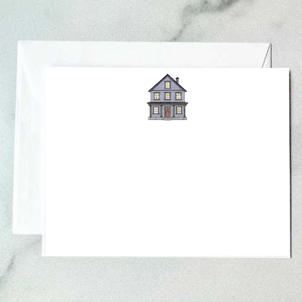 Illustrated blue column house note card featuring a lavender two-story home with columned porch and warm glowing windows, designed by Viola and Beatrice Stationers