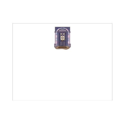 Illustrated A-frame house note card with steep roofline, brick chimney, and warm window glow, designed by Viola and Beatrice Stationers