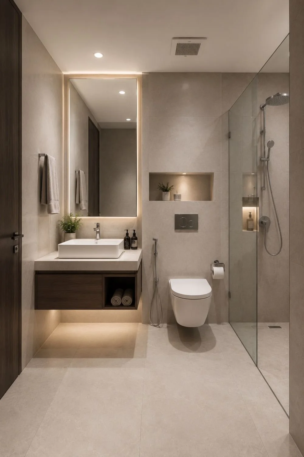 Low maintenance bathroom design in Ahmedabad with wall mounted fixtures and porcelain tiles