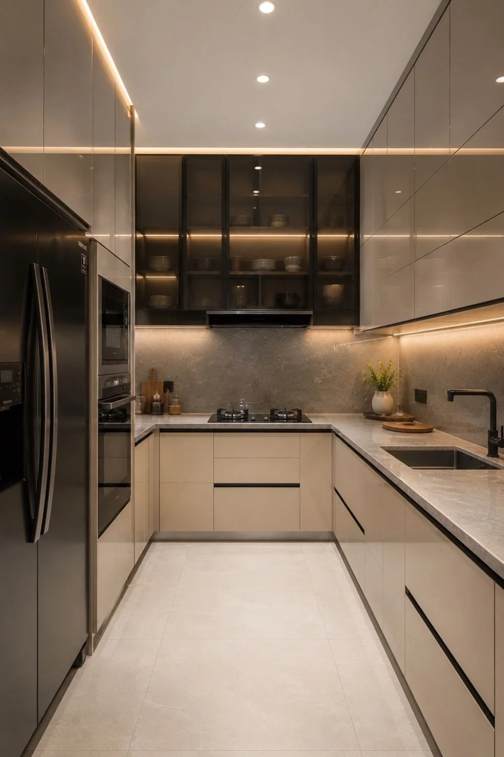 Easy maintenance modular kitchen design in Ahmedabad with quartz countertop