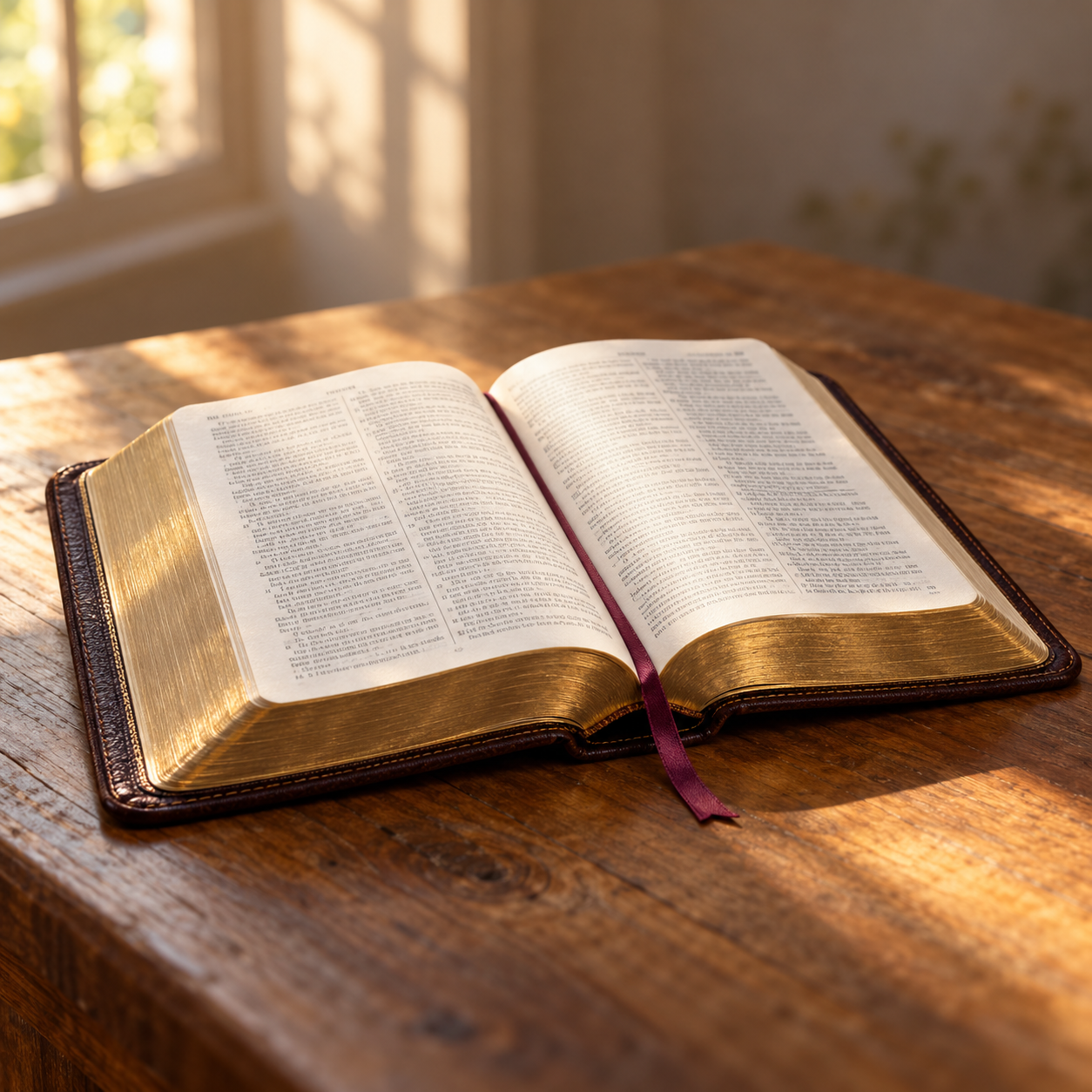 Bible open in the golden light of a window