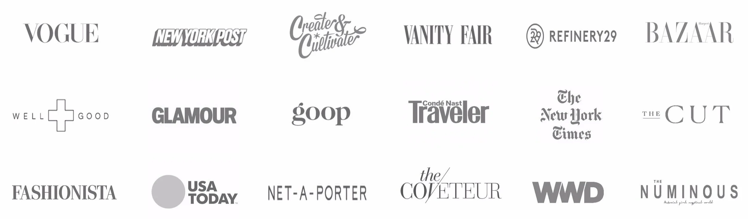 A press bar of many of the companies Colleen McCann has worked with like Vogue, Well and Good, Fashionista, New York Post, Glamour, Usa Today, Create and Cultivate, Goop, Net-A-Porter, Vanity Fair, Conde Nast Traveler, The Coveteur, Refinery 29, the New York Times, WWD, Bazaar, the Cut and The Numinous