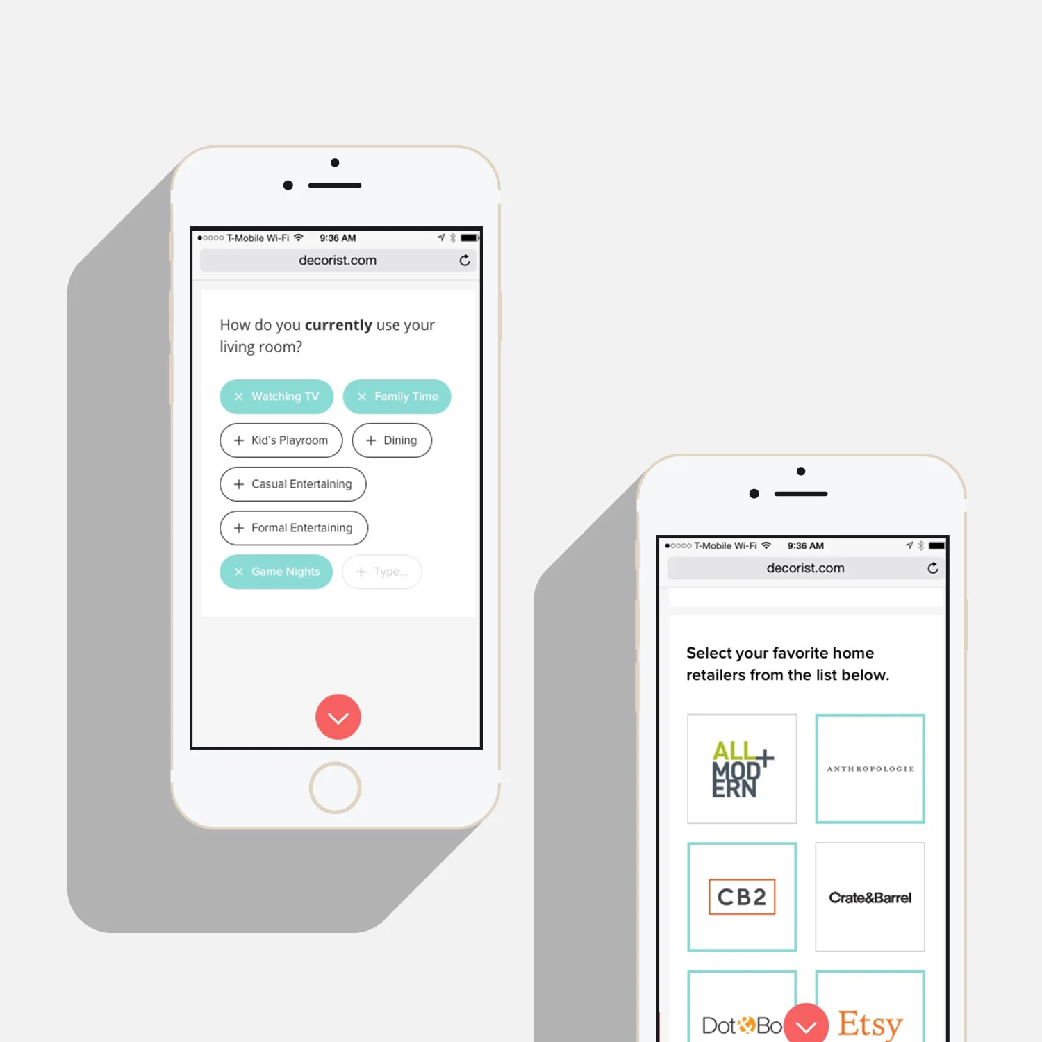 I designed the entire project questionnaire feature that customer's complete when starting a room design project. We ask about their design goals, room photos, style preferences, budget, and inspiration in a fun, interactive experience.