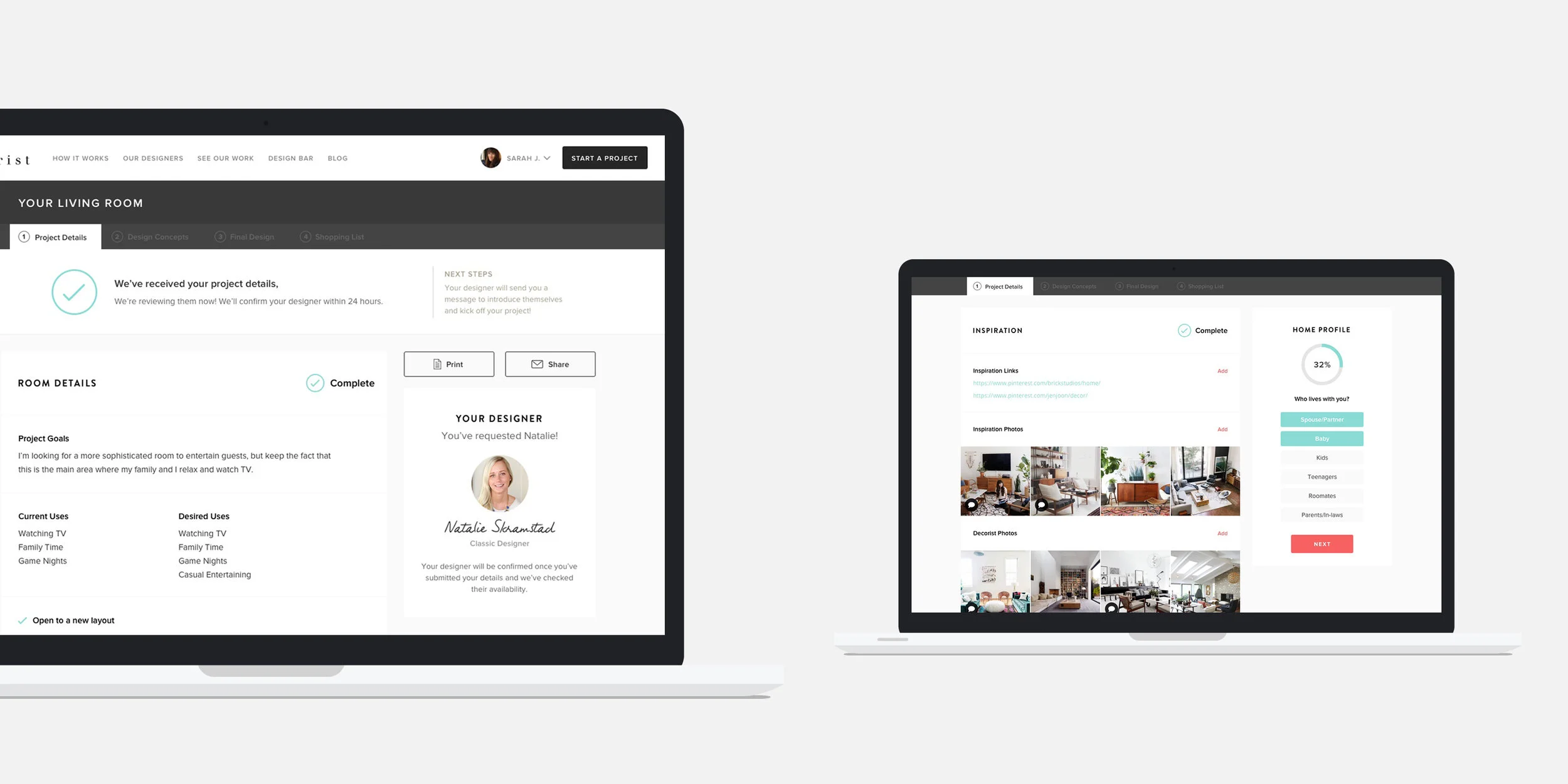 After the client submits their project questionnaire, they can access a summary of that information and make edits. The designer also accesses this page to learn about the customer's needs and preferences when getting started.