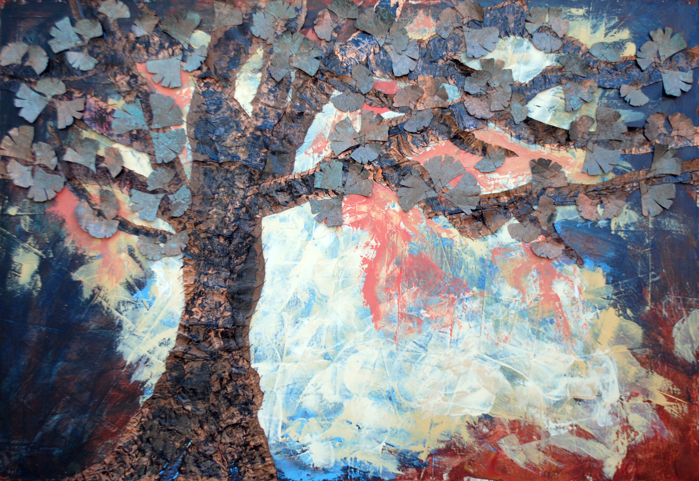 Julia's Ginkgo 24x36 Sewn Copper on Canvas Commission for Private Collection