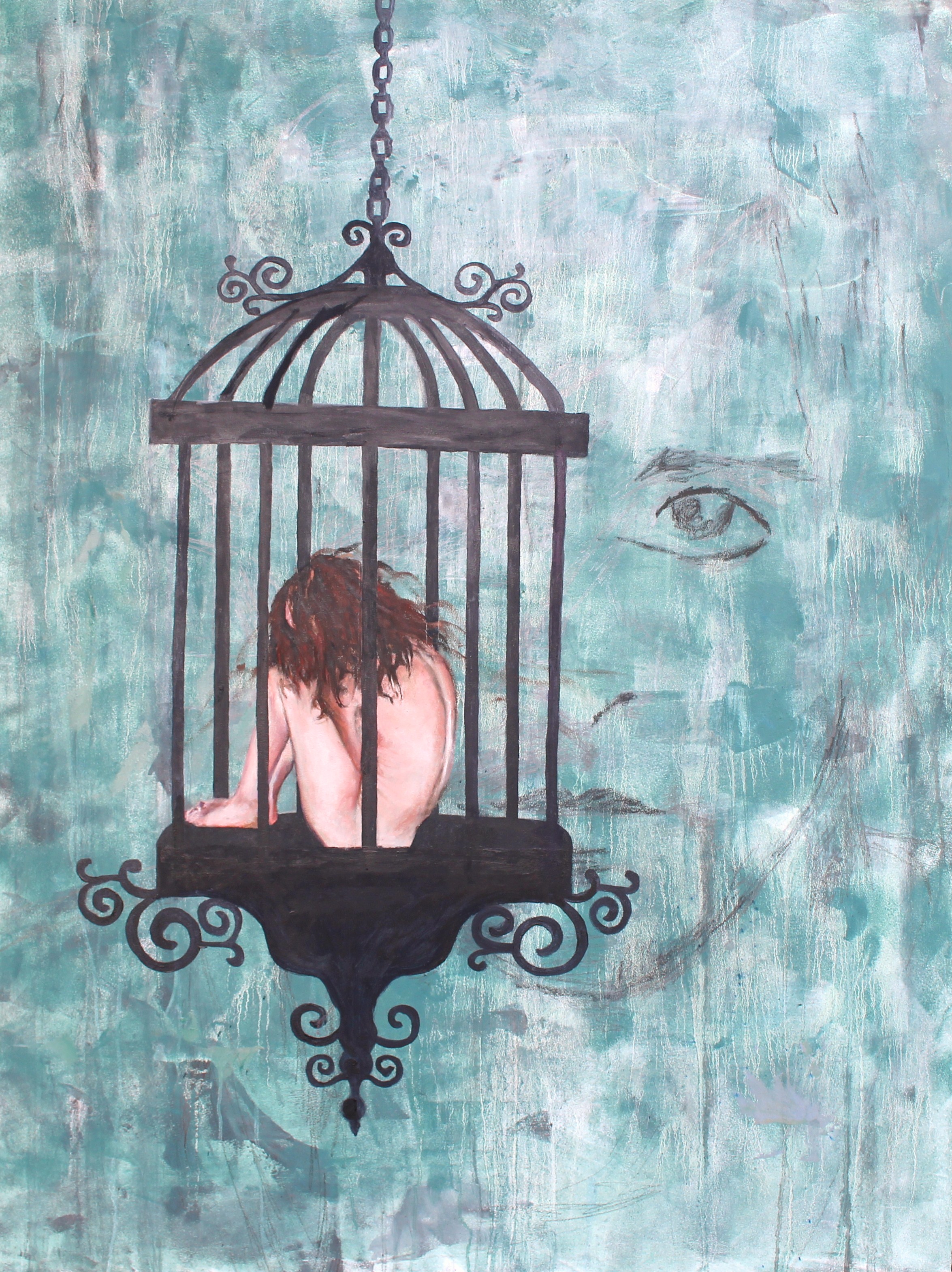 Caged Bird 36x48 Oil On Wood Commissioned for Public Display