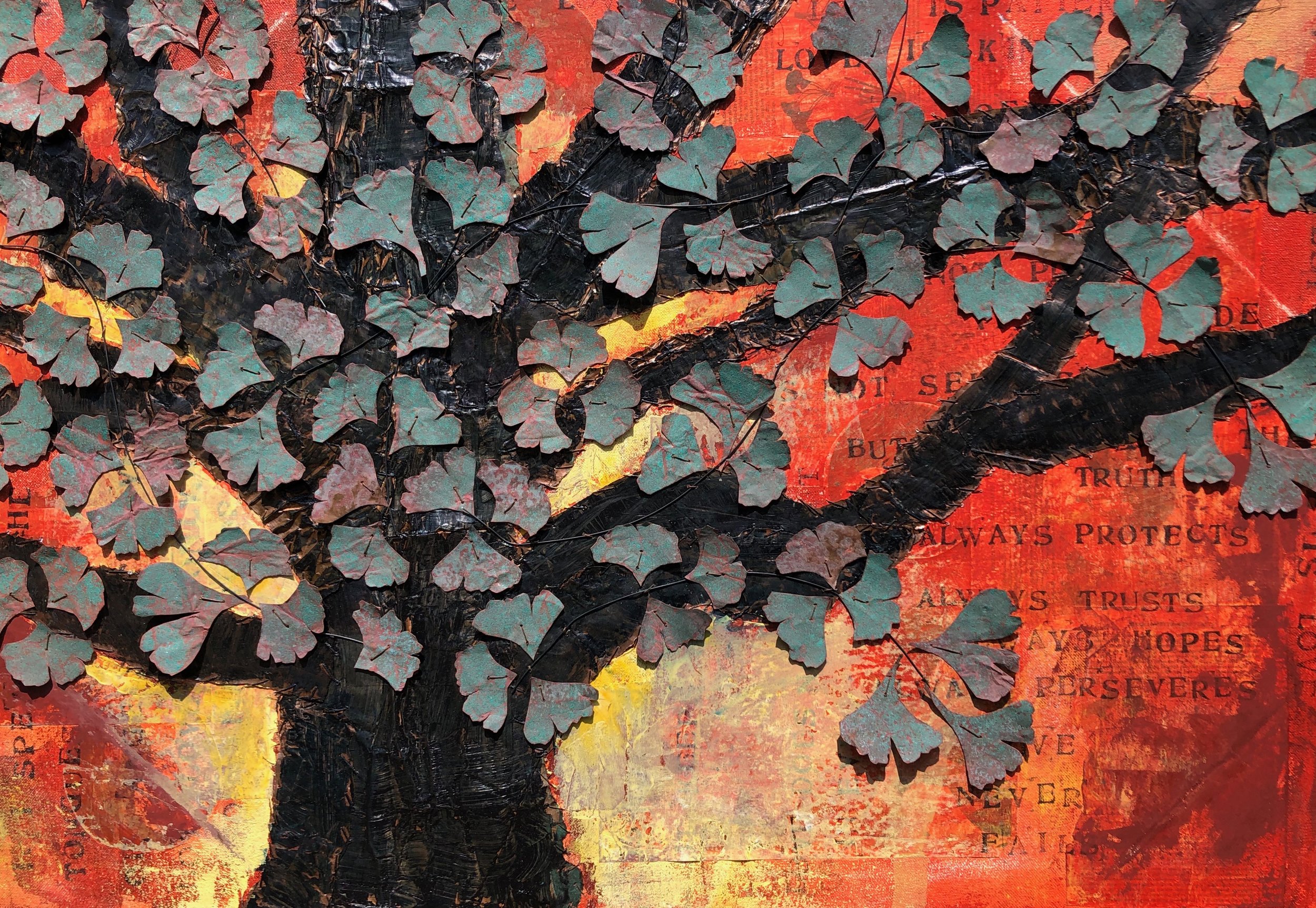 Bonnie's Ginkgo Tree, 24x36, Copper Tree Sewn on Canvas, Commissioned for Private Collection