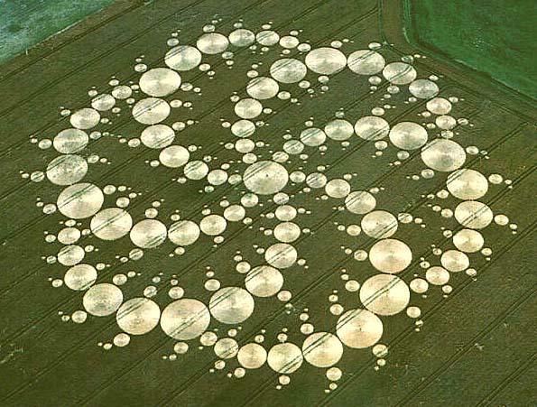 Milk Hill, Wiltshire, 12 August 2001. The largest crop pattern of all time, 878 feet across, consisting of 409 circles.