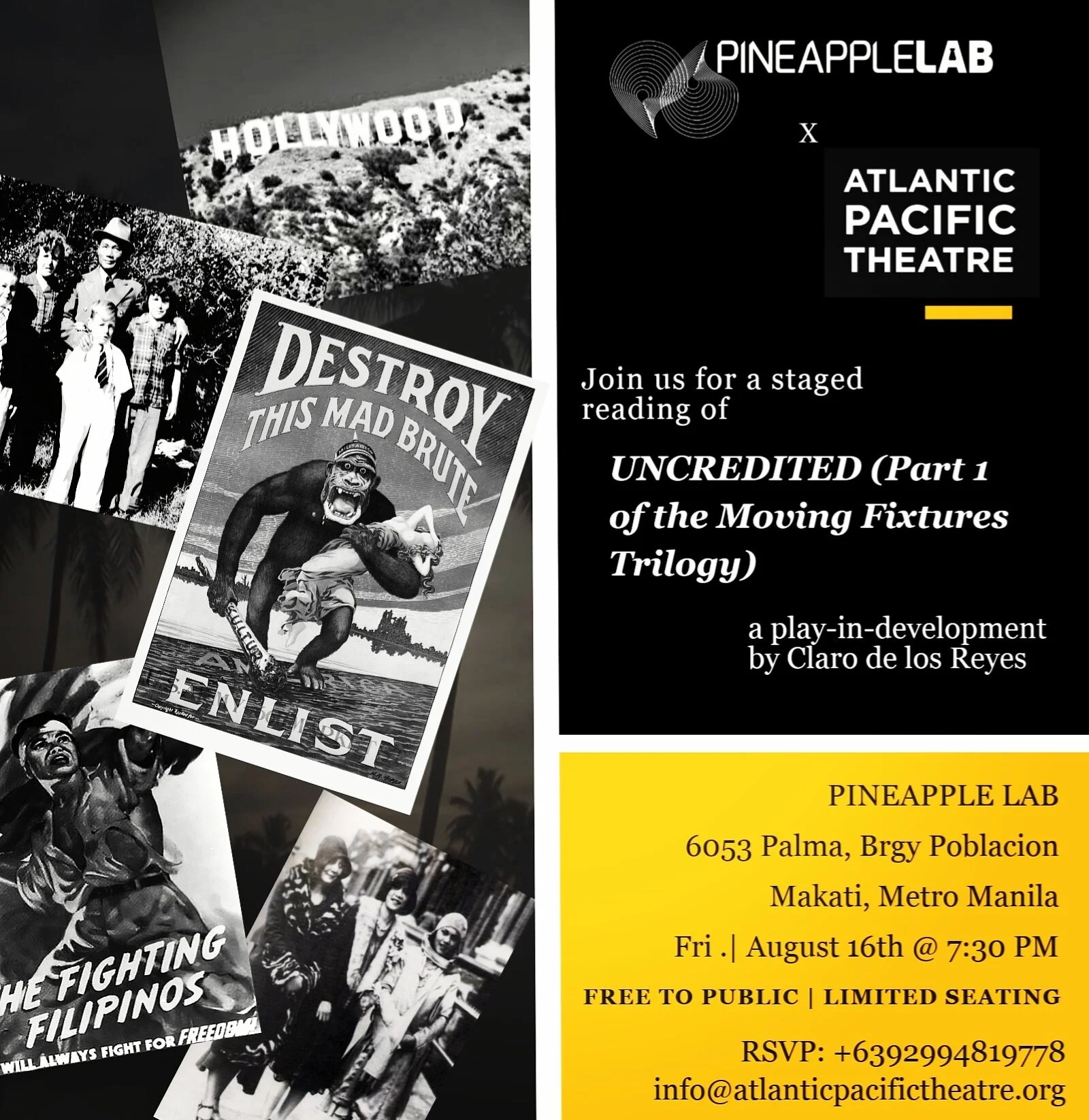 Join us to watch a cast of actors perform a public staged reading of "UNCREDITED (Part 1 of the Moving Fixtures Trilogy)" a play-in-development by Claro de los Reyes. "UNCREDITED" follows Ernesto and Manuel, two Filipino migrants in America, navigating divergent paths through the Filipino x American history during the decades surrounding the Great Depression, World War II, and post civil rights era United States. CAST: Stacy Abarca, Laura Cabochan, Daniel Darwin, Claro de los Reyes, Meann Espinosa, Topper Fabregas
