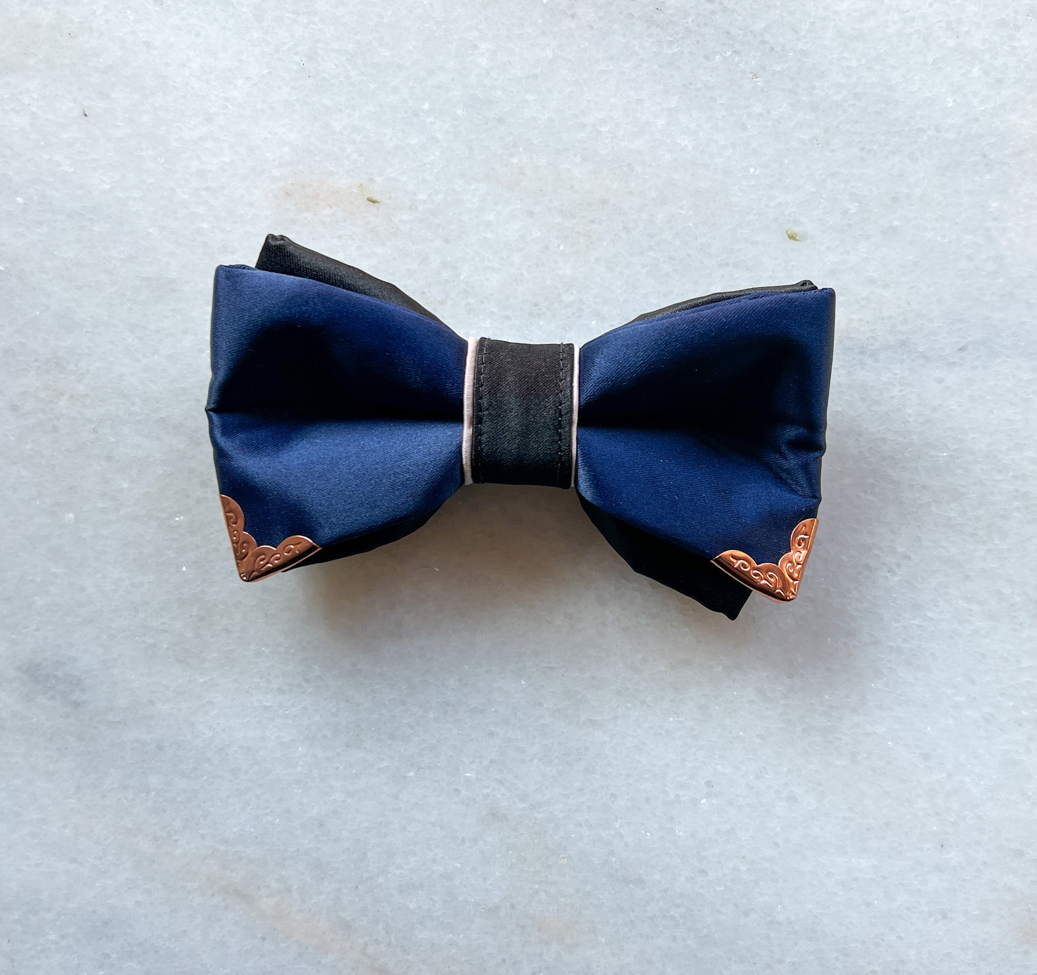 Knotzland Signature Navy Blue bowtie with Blush + Black Satin Knot