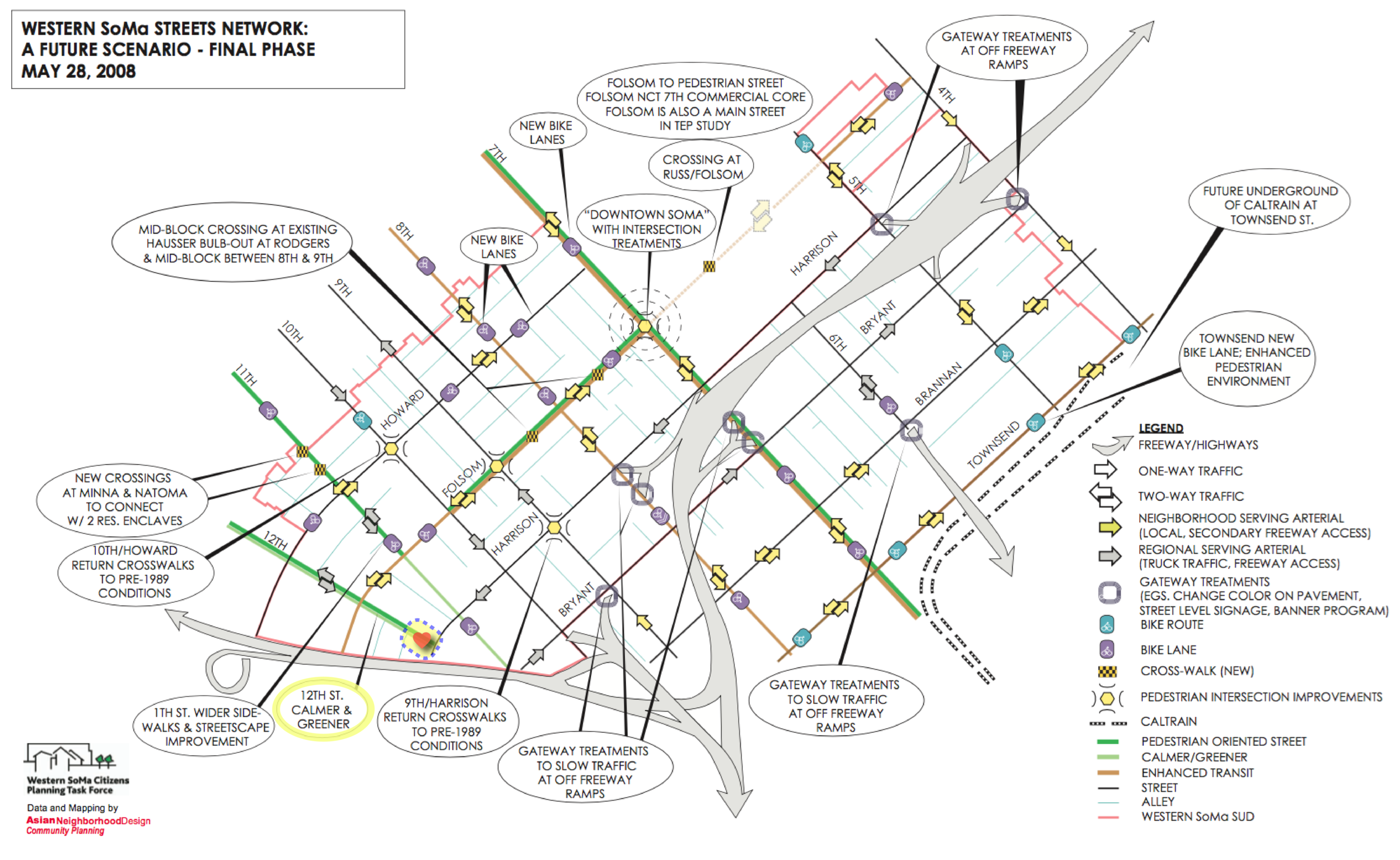 12th St prioritized as a pedestrian oriented street in need of greening and traffic calming