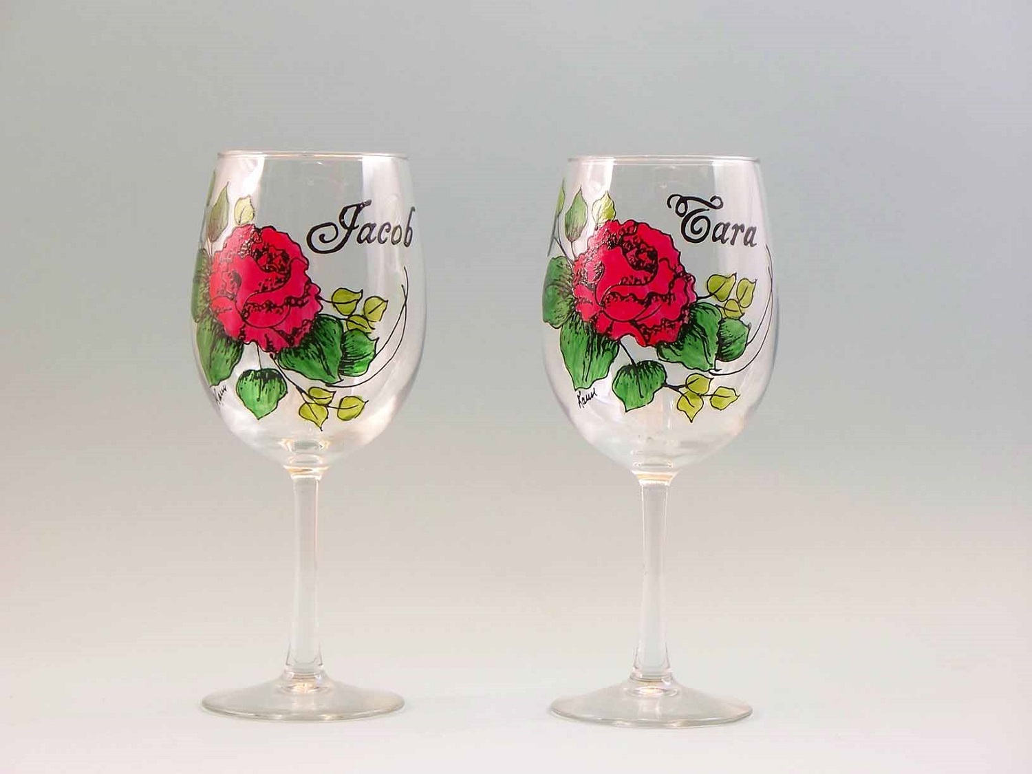 Cabbage rose wine glasses personalized