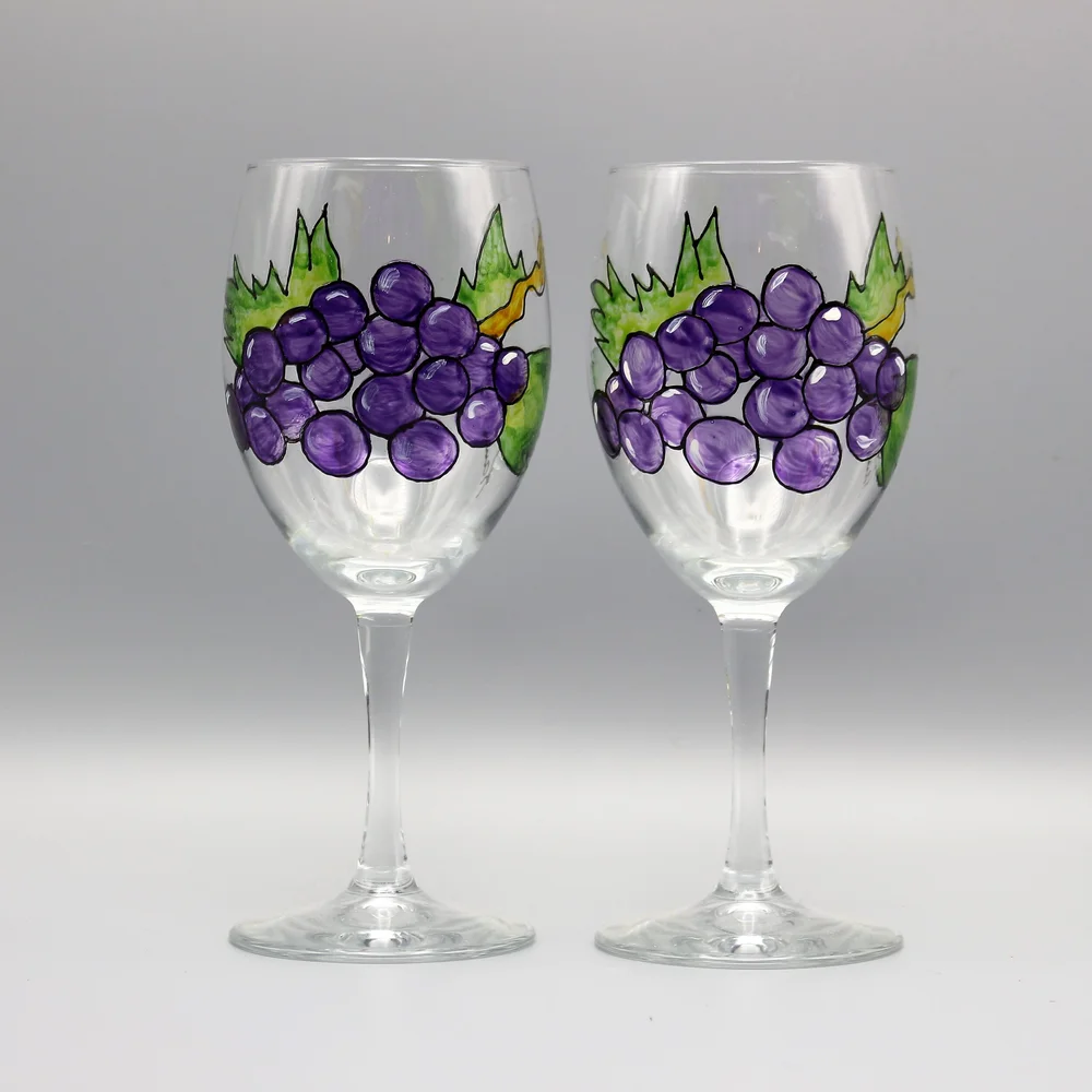 Grape Wine Glasses | Set of Two | Hand Painted Personalized Gifts