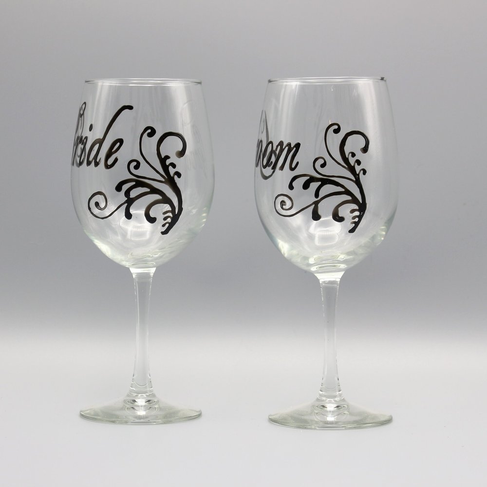 Wedding Wine Glasses - Bride and Groom | Set of Two | Hand Painted  Personalized Gifts