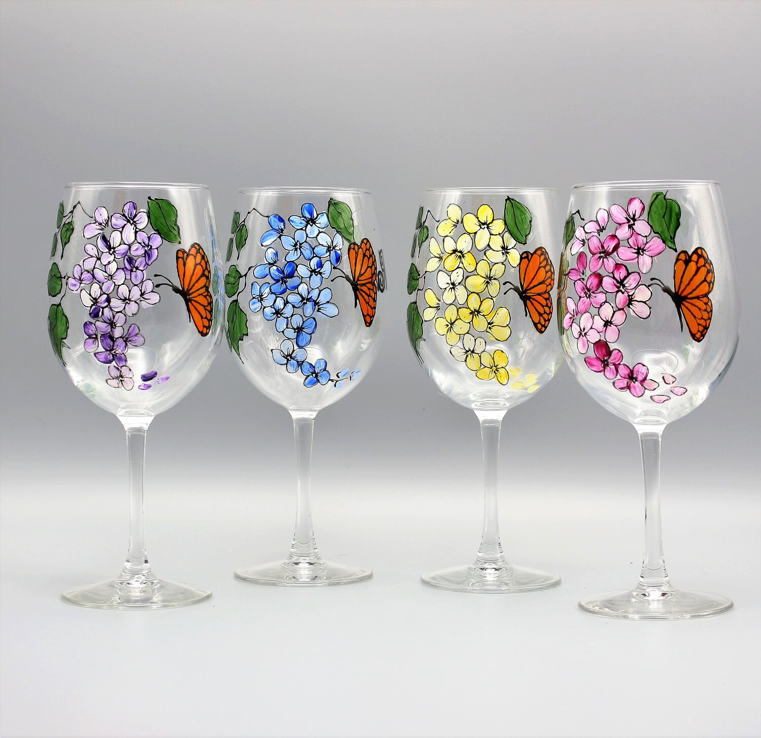 Handpainted Wine Goblets Set of Two Butterflies Flowers Painted Wine Glasses  Vintage Butterfly Wine Glasses Pretty Wine Glasses With Flowers 