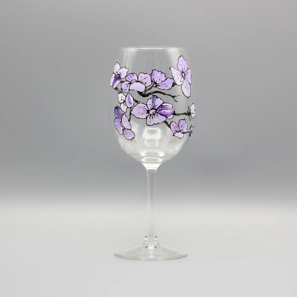 Cherry Blossom Wine Glasses Set | Set of Four | Hand Painted Personalized  Gifts