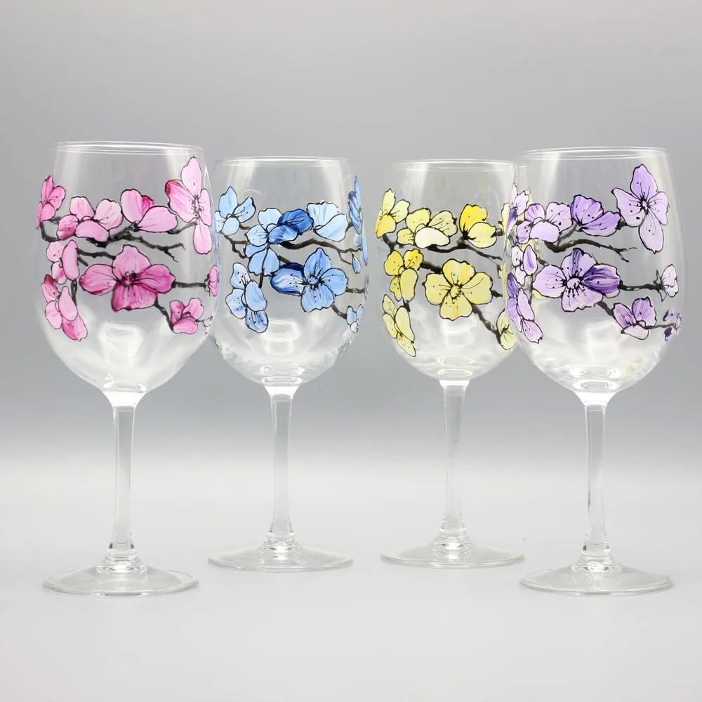 Cherry Blossom Wine Glasses Set | Set of Four | Hand Painted Personalized  Gifts