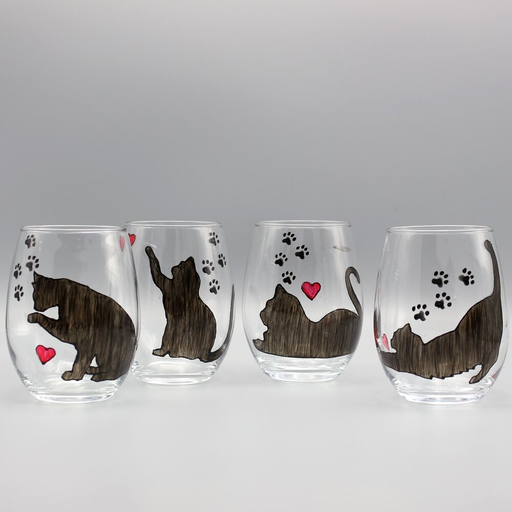 Cat Silhouette Stemless Wine Gift of Four | Hand Painted Personalized