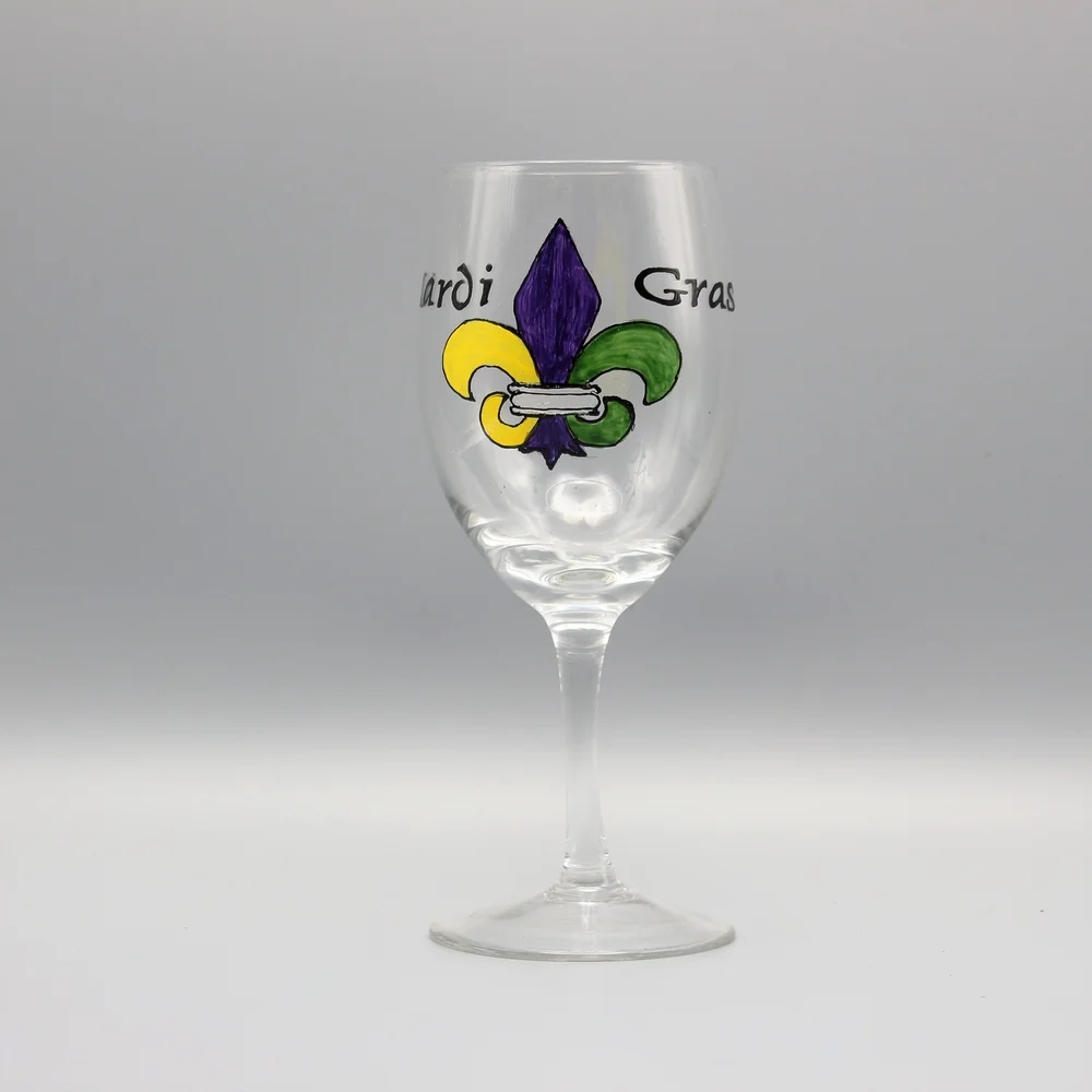Mardi Gras Wine Glass - Fleur De Lis | Hand Painted Personalized Gifts