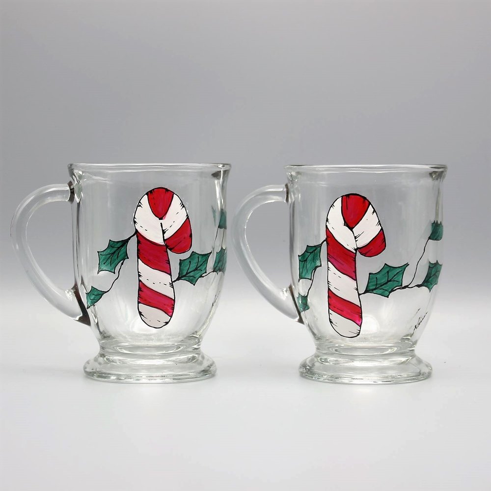 Candy Cane Coffee Mugs | Set of Two | Hand Painted Personalized Gifts