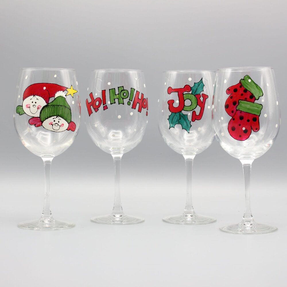 XMAS ELF HAND PAINTED WINE GLASS CANDY CANE GIFT DECOR