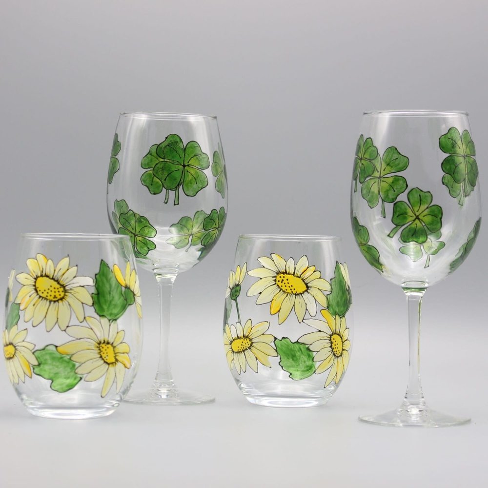 Shamrock Wine Glasses | Set of Two | Hand Painted Personalized Gifts