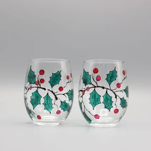Holly Wine Glasses | Set of Two | Hand Painted Personalized Gifts