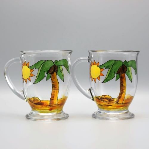 Tropical Glass Mugs Set of 2 Cups, Hand-painted Green Leaves Mugs