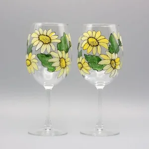 Daisy Wine Glasses | Set of Two | Hand Painted Personalized Gifts